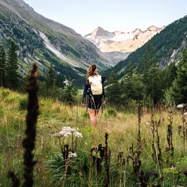 Young woman looks at the Venediger massif while hiking in the Hohe Tauern National Park
